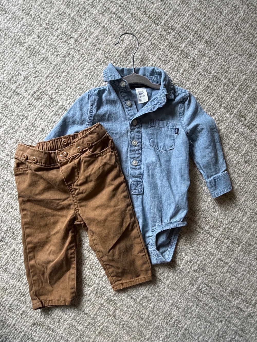 babyBGosh 3-6M Tan Pants with Chambray Detail Onesie and Grey Sweater